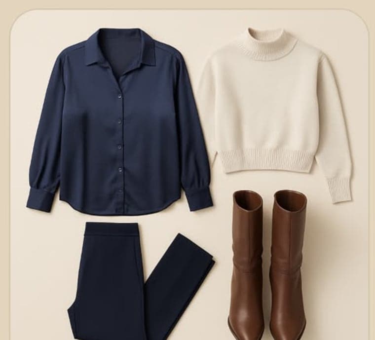 Look montado pela FlavIA: camisa azul-marinho, suéter creme, calça escura e bota marrom