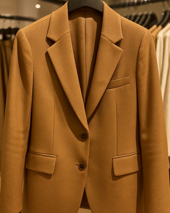 Blazer camel na arara da loja, foto enviada pela cliente