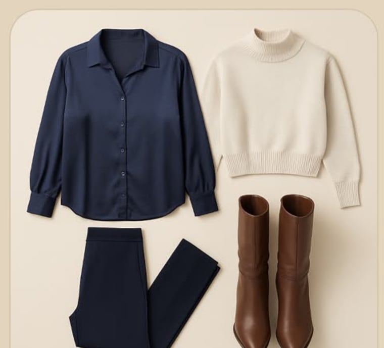 Look montado pela FlavIA: camisa azul-marinho, suéter creme, calça escura e bota marrom